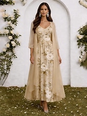 Χαμηλού Κόστους Λουλουδένιο Φόρεμα-Γυναικεία Σετ Φόρεμα Φόρεμα σε γραμμή Α Κομψό Διακοπές Φλοράλ Γραφική Πολυεπίπεδο Στάμπα Μακρύ φόρεμα 3/4 Μήκος Μανικιού Λαιμόκοψη V Επίσημο Ανθισμένο Ροζ Βυσσινί Πράσινο του τριφυλλιού