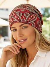 levne Dámské klobouky-Dámská bohémská čepice s paisley vzorem, měkká polyesterová vícebarevná pokrývka hlavy a nákrčník, lehký doplněk ve vintage stylu pro ženy, ideální pro každodenní nošení, dovolenou a cestování