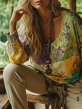 preiswerte Boho Tops-Damen Boho-T-Shirt T Shirt T-Shirt Druck Blumen Farbblock Vintage Ethnisch Lässig Langarm V Ausschnitt Lange Oberteile Täglich Wochenende Urlaubskleidung Gelb Purpur Sommer Frühling Herbst