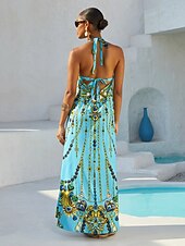 abordables vestido casual estampado-Vestido largo de tirantes de satén sedoso con joyas vintage