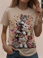 Недорогие Животные пьют-Жен. Футболка С принтом Графика Животное Кот Винтаж Стиль Классика С короткими рукавами Вырез под горло Обычные топы Повседневные выходные Абрикосовый розовый Розовый Хаки Лето Весна Осень