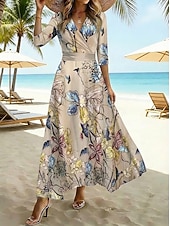 economico Abiti floreali-Per donna Abito maxi Vestito Estivo Abito da Spiaggia Abito a trapezio Abito Floreale Casual Quotidiano Vestibilità regolare Floreale Manica 3/4 Scollo a V Bianco Champagne Rosso Primavera Autunno