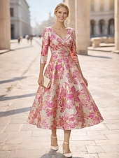  A-linje Te-lengde Cocktailkjoler Elegant Blomster 3/4 ermer V-hals Bryllup Formell Lomme Jacquard med Plissert