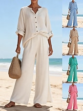 voordelige Stelt in-Dames Set met linnenlook Katoenen shirt Lange mouw Strakke ronde hals Effen Elegant Modieus Streetwear Casual Dagelijks Buiten Wit Khaki Hemelsblauw Zomer Ruim Passend