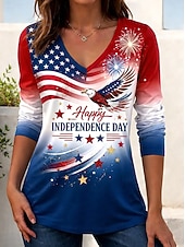  Ημέρα Αμερικανικής Ανεξαρτησίας Γυναικεία Μπλουζάκι Μπλοκ χρωμάτων Στάμπα Γραφική Αμερικάνικη σημαία Βίντατζ Στυλάτο Κλασσικό Μακρυμάνικο Λαιμόκοψη V Κανονικά μπλουζάκια Καθημερινά Σαββατοκύριακο