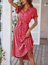 preiswerte Streifen- und geometrische Kleider-Damen Midikleid A Linie Kleid Urlaub Lässig Outdoor Ausgehen Normale Passform Tupfen Kurzarm Umlegekragen Blau Marineblau Weiß Rosa Sommer Frühling