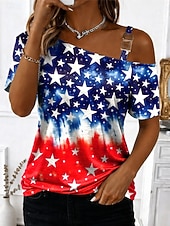 American Independence Day Women's T Shirt Tee Top Print Graphic Stylish Classic Casual Short Sleeve Asymmetric Neck Regular Tops Daily Going out Weekend Blue Red Red / Blue Summer Spring