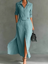 cheap White Casual Dresses-Women's Maxi Dress Shirt Dress White Dress Casual Dress Work Dress Elegant Fashion Modern Daily Office Regular Fit Plain Long Sleeve Shirt Collar Blue Black White Pink Summer Spring