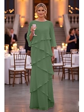 preiswerte Bodenlänge-Schlauchkleid Bodenlang Kleid für Hochzeitsgäste Abendkleid Brautmutterkleid Dreiviertelarm Rundhalsausschnitt Elegant Formell Chiffon mit Rüschen