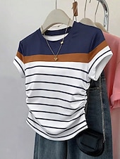 preiswerte Streifen- und geometrisches T-Shirt-Damen T Shirt T-Shirt Druck Gestreift Mode Stilvoll Klassisch Kurzarm Rundhalsausschnitt Normale Oberteile Täglich Ausgehen Wochenende Blau Rosa Sommer Frühling