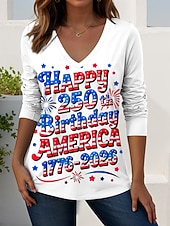  Футболка для женщин с патриотическим принтом ко Дню независимости графика американский флаг винтажный стиль повседневный длинный рукав V-образный вырез обычные топы повседневная носка выходные синий