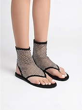 cheap Women-Women's Black Mesh Rhinestone Flat Sandals - Sparkly Fishnet Thong Sandals for Coachella, Music Festivals &amp; Summer Beach Vacations