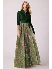 cheap Floor Length-A-Line Floor Length Shirt Dress Wedding Guest Dress Formal Dresses Mother of the Bride Dress Long Sleeve Shirt Collar Elegant Vintage Wedding Formal Nylon with Floral Print Bow(s) Slit