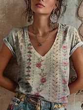  Per donna Maglietta Stampato Floreale Grafico Graffiti Bohemien Vintage Casual Manica Corta Scollo a V Top Regolari Quotidiano Verde Grigio Estate Primavera