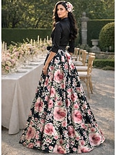 preiswerte Bodenlänge-A-Linie Bodenlang Kleid für Hochzeitsgäste Abendkleid Brautmutterkleid Dreiviertelarm Hemdkragen Elegant Hoher Schlitz Formell Satin mit Knöpfe