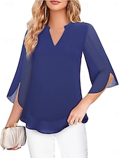 cheap Plain Blouses-Women's Blouse Solid Color Elegant Stylish Casual 3/4 Length Sleeve V Neck Regular Tops Daily Pink Wine Red Royal Blue Green Summer Spring