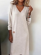 voordelige Witte jurk-Dames Halflange jurk Hemdjurk Casual jurk Modieus Basic Dagelijks Vakantie Uitgaan Normale pasvorm Effen Lange mouw V-hals Wit Wijn Kameel Lente Herfst
