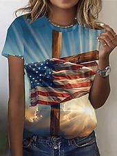  Amerykański Dzień Niepodległości Damskie Podkoszulek Nadruk Graficzny Flaga Elegancki Klasyczny Codzienny Krótki rękaw Półgolf Okrągły dekolt Zwykłe topy Codzienny Niebieski Czerwony Czerwony