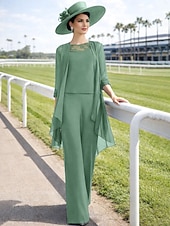 economico Tailleur pantalone della mamma-Tuta Completo Pantalone Tre Pezzi Lunghezza al pavimento Abito da cerimonia per signora Senza Maniche Collo gioiello Elegante Taglie Forti Formale Ospite di nozze Ricevimento di matrimonio Chiffon