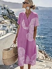 billige Stripete og geometriske kjoler-Dame Midikjole Solkjole Kjole med A-linje Ferie Fritid Strandstil Strand Fest Løstsittende Grafisk Geometrisk Kortermet V-hals Blå Lilla Grønn Kakifarget Sommer Vår