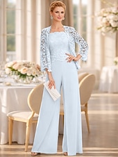 cheap Mom's Jumpsuits-Jumpsuit Pantsuit 3 Piece Floor Length Mother of the Bride Dress Sleeveless Square Neck Elegant Plus Size Formal Wedding Guest Chiffon Corded Lace Wrap Included with Lace Appliques