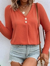 levne jednoduché tričko-Dámské Tričko Tlačítko Přední S texturou Pevná barva Módní Na běžné nošení Dlouhý rukáv Do V Dlouhé topy Denní Jdeme ven Tmavěhnědá Travní zelená Černá Bílá Rubínově červená Jaro Podzim