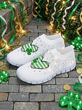  kvinnehjerte til St. Patricks dag &Flyknit-sneakers med kløvertrykk - elastiske, pustende slip-on-sko til irsk parade, høytidsfest og reiser &hverdagskomfort
