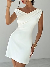 economico Vestito Semplice-Per donna Mini Abito Tubino Elegante Festa cocktail All'aperto Feste Ospite di nozze Arricciato Vestibilità regolare Tinta unica Senza Maniche Senza Spalle Bianco