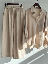 preiswerte Sets-Damen Baumwoll-Leinen Hosen Sets Bolero Oberteil Langarm Hemd Kragen Einfarbig Mode Streetwear Lässig Alltag Draußen Blau Schwarz Weiß Sommer Lockerer Schnitt