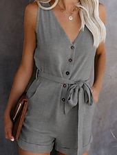 baratos macacões casuais-Mulheres Macacão Ativo Côr Sólida Sem Manga Shorts largos Decote V Com Cordão Bolsos Diário Férias Normal Preto Branco Vinho Verão