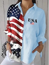  Amerikanischer Unabhängigkeitstag Damen Hemd Gerafft Blumen Grafik Flagge Vintage Stilvoll Langarm Flattrige Ärmel Glockenärmel Hemdkragen Normale Oberteile Täglich Arbeit Ferien Blau Schwarz Wei