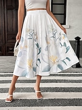 cheap Vacation Skirts-Women's Vacation Skirt Fashion Casual Midi High Waist Skirts Floral Print Micro-elastic Daily Street Beige Spring Polyester