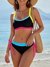 tanie Zestawy bikini-Damskie Stroje kąpielowe Bikini 2 szt Bezczelny Kostium kąpielowy Szczupła Odkryte plecy Urlop Stroje plażowe Kwiaty Kolorowy blok Łódeczka Bez rękawów Kostiumy kąpielowe