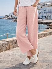 billige Essensielle falske bunner-Dame مزيج القطن Imitert bomullslin Bukser Uformelle bukser Ferie Mote Gatemote Full lengde Høy Midje عادي Lomme Elastisk midje Komfort Bekvem Uelastisk Daglig Feriereise Gate Svart Rosa Oransje Dyp