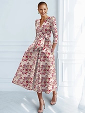 preiswerte Cocktailkleider-A-Linie Knöchellänge Cocktailkleider Partykleider Elegant Vintage Kurzarm V Ausschnitt Hochzeit Formell Jacquard mit Schleife(n) Tasche