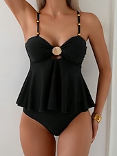 Χαμηλού Κόστους Τανκίνι-Γυναικεία Μαγιό τανκίνι 2 κομμάτι Προκλητικό Μαγιό Λεπτό Εξώπλατο Διακοπές Ρούχα παραλίας Συμπαγές Χρώμα Λαιμόκοψη V Αμάνικο Μαγιό