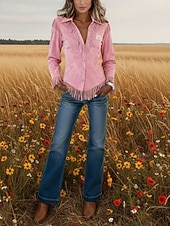 ieftine Bluze și cămăși-Pentru femei Cămașă Bluză Peteci Nasturi Franjuri Simplu Stilat occidental Modern Manșon Lung Guler Cămașă Topuri obișnuite Zilnic Concediu Ieșire Roz Îmbujorat Vară Primăvară