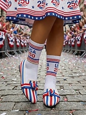 cheap Women Shoes-Women's Patriotic Knit Flats – Pointed Toe Flat Shoes with Bow Detail for Independence Day, United States Anniversary, Summer Picnics &amp; Casual Wear