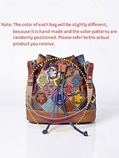 olcso Kézitáskák és bevásárlótáskák-női bohém bőr vödörtáska, többszínű virágmintával, sokoldalú viselet, állítható vállpántok, tökéletes a mindennapi használatra