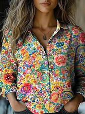 Недорогие Полосатые и геометрические блузки-Жен. Рубашка Искусственный хлопок и лен Пуговицы С принтом Загар и защита от солнца Богемия Винтаж Стиль Длинный рукав Рубашечный воротник Обычные топы Повседневные Праздники