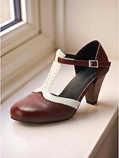billige Mor til bruden/groom-Damesko i burgunder og hvitt med t-stropper – elegante retro pumps med mellomhøy hæl og tofarget tilskuerdesign til brudens mor, innendørs kirkeseremonier og formelle mottakelser
