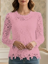 abordables Hauts en dentelle-Femmes Chemise Chemisier Hauts en dentelle Dentelle Uni ancien Classique Occasionnel manche longue Col ras du cou Hauts Réguliers Quotidien Fête Sortir Bleu Noir Blanche Rose Claire Vin Printemps
