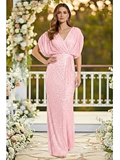 cheap Sheath Evening Dresses-Sheath Column Floor Length Wedding Guest Dress Formal Dresses Evening Gown Prom Dresses Elegant Short Sleeve V Neck Prom Formal Sequined Velvet Cowl Back with Glitter