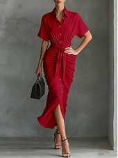 cheap Plain Dress-Women's Midi Dress A Line Dress Summer Dress Vacation Casual Regular Fit Plain Short Sleeve V Neck Blue Pink Red Green Summer Spring