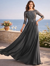 preiswerte Bodenlänge-A-Linie Bodenlänge Hochzeitsgastkleid Formelle Kleider Abendkleid Brautmutterkleid 3/4-Ärmel Rundhalsausschnitt Elegant formell Hochzeitsgast mit Falten Solid Color