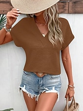baratos Camiseta lisa-Mulheres Camiseta T-shirt Côr Sólida Moda à moda Clássico Manga Curta Decote V Tops regulares Diário Para Noite Final de semana Rosa Verde Tropa Vermelho Marron Verde Verão Primavera