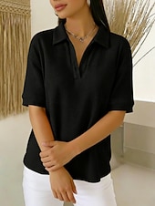 levne jednoduché tričko-Dámské Tričko Polokošile Trička Vaflově pletené topy Bez vzoru Módní stylové Základní Krátký rukáv Košilový límec Běžné topy Denní Jdeme ven Víkend Vodní modrá Černá Bílá Oranžová Trávová zelená Léto