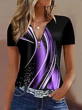ieftine Tricou cu dungi și geometric-Pentru femei Tricou Quarter Zip Grafic Geometric Tropical Hawaiană Stilat Manșon scurt Stil Nautic Topuri obișnuite Nunta pe plaja Zilnic Sport Albastru piscină Mov Vară Primăvară