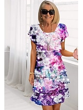 billiga Chiffongklänningar-Dam Midiklänning Sommarklänning Klänning med tryck Elegant Dagligen Normal Blommig Geometrisk Kortärmad Rund hals Ljusgul Ljusrosa Ljusrosa Dammig ros Sommar