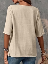 preiswerte Hemden-Damen Bluse Hemd aus Leinenimitat Knöpfe Einfarbig Stilvoll Basic Lässig Halbarm Rundhalsausschnitt Normale Oberteile Täglich Blau Schwarz Weiß Armeegrün Rote Sommer Frühling Herbst